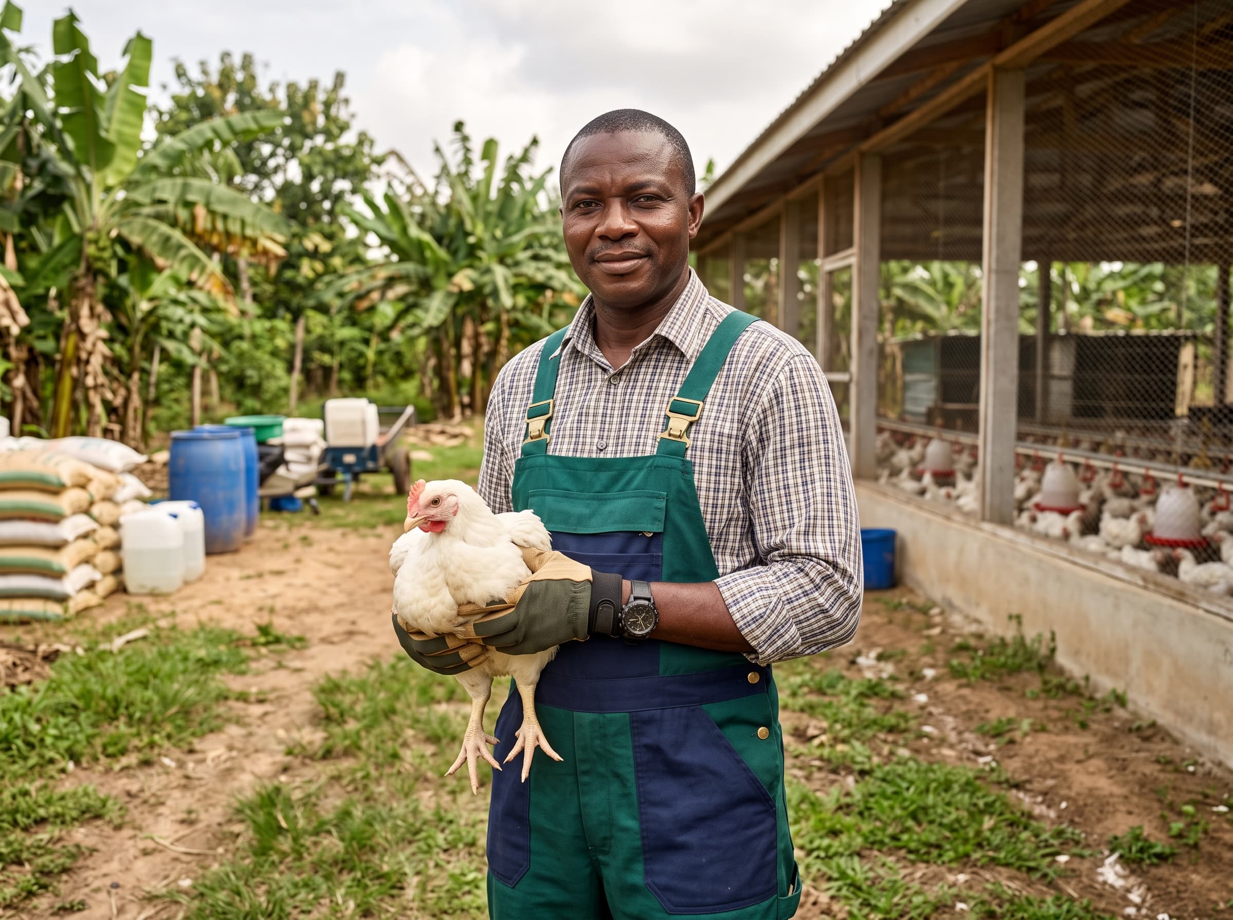 Livestock farmer working with poultry at a farm