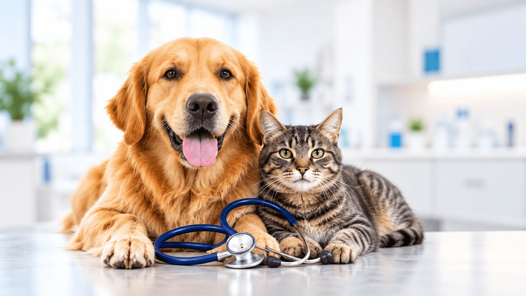 Golden Retriever and Tabby Cat at the Clinic